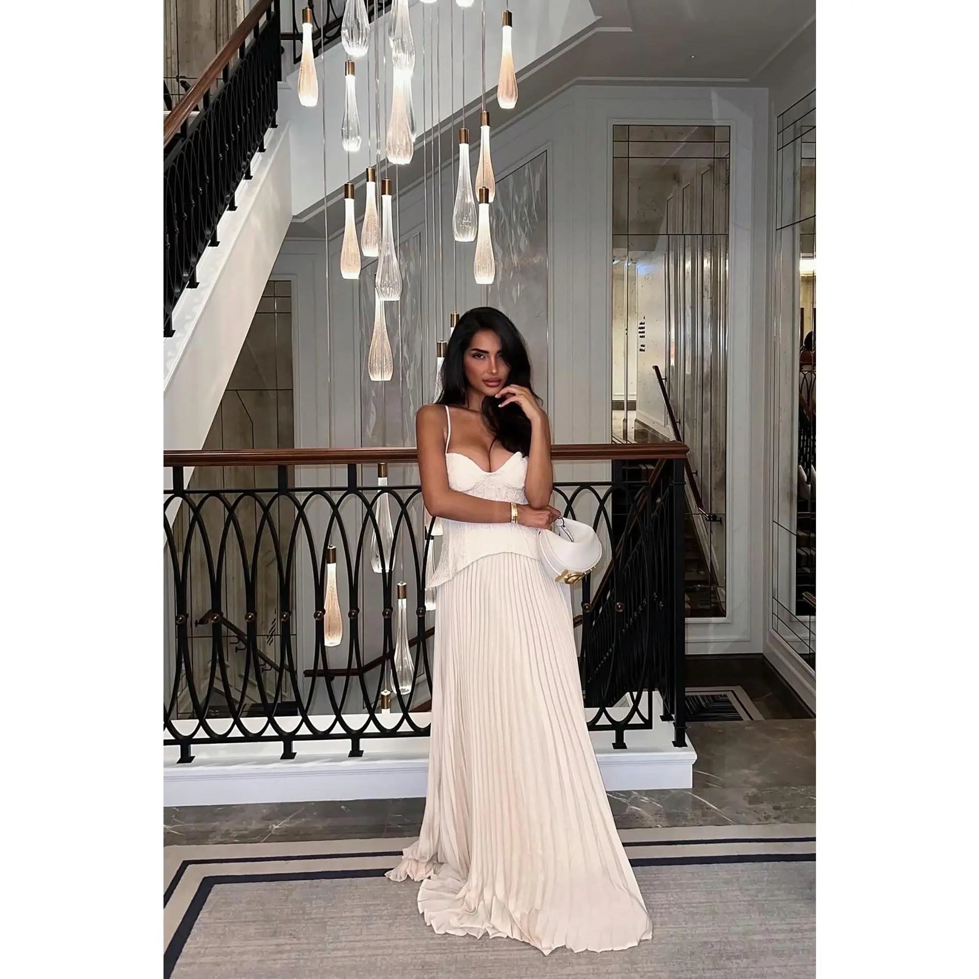 Daniella Lace Corset Pleated Maxi Dress in Cream