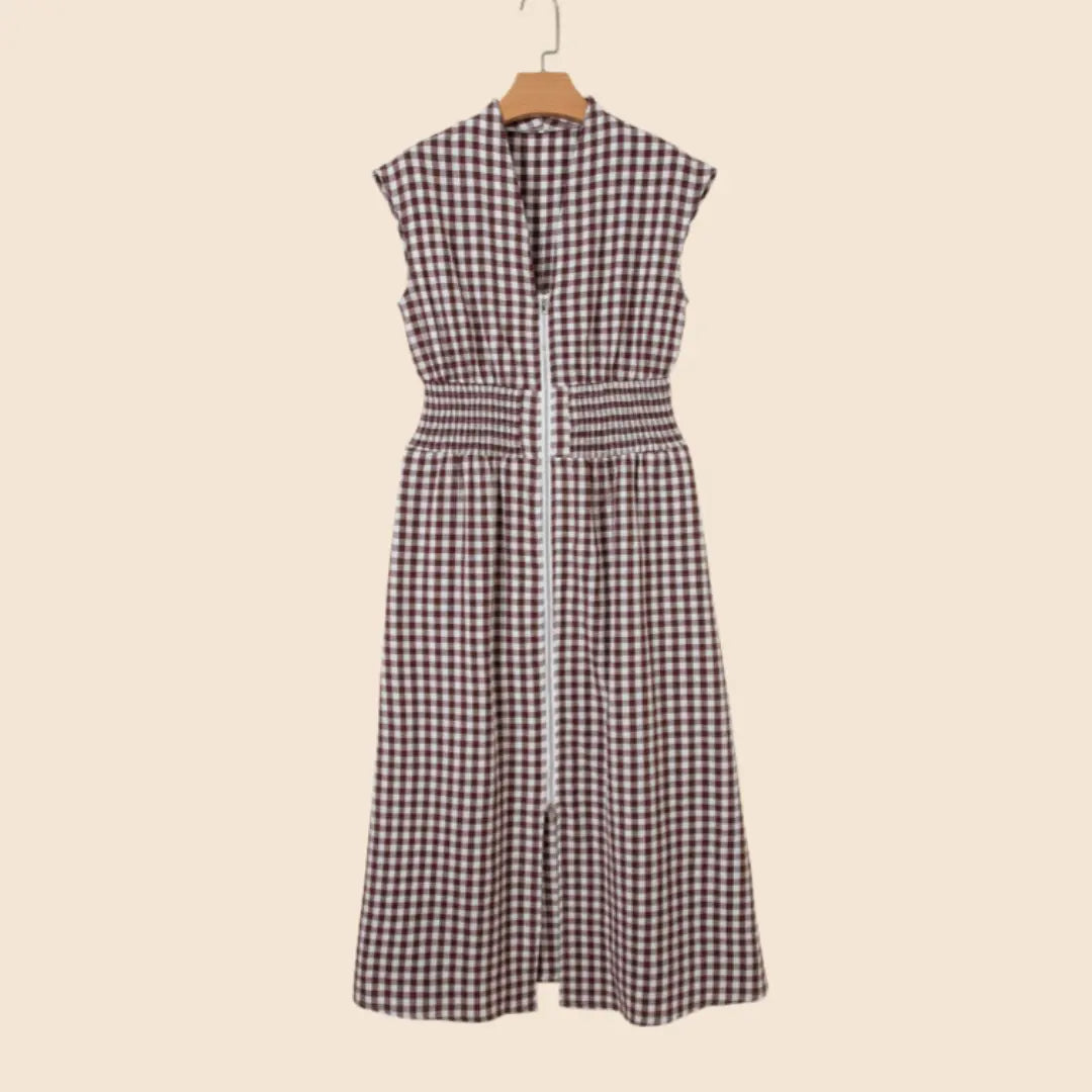 Asvivid Women's Plaid Print Sleeveless Maxi Dress with Full Zipper and Cinched Waist - Casual Summer Wear
