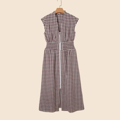 Asvivid Women's Plaid Print Sleeveless Maxi Dress with Full Zipper and Cinched Waist - Casual Summer Wear