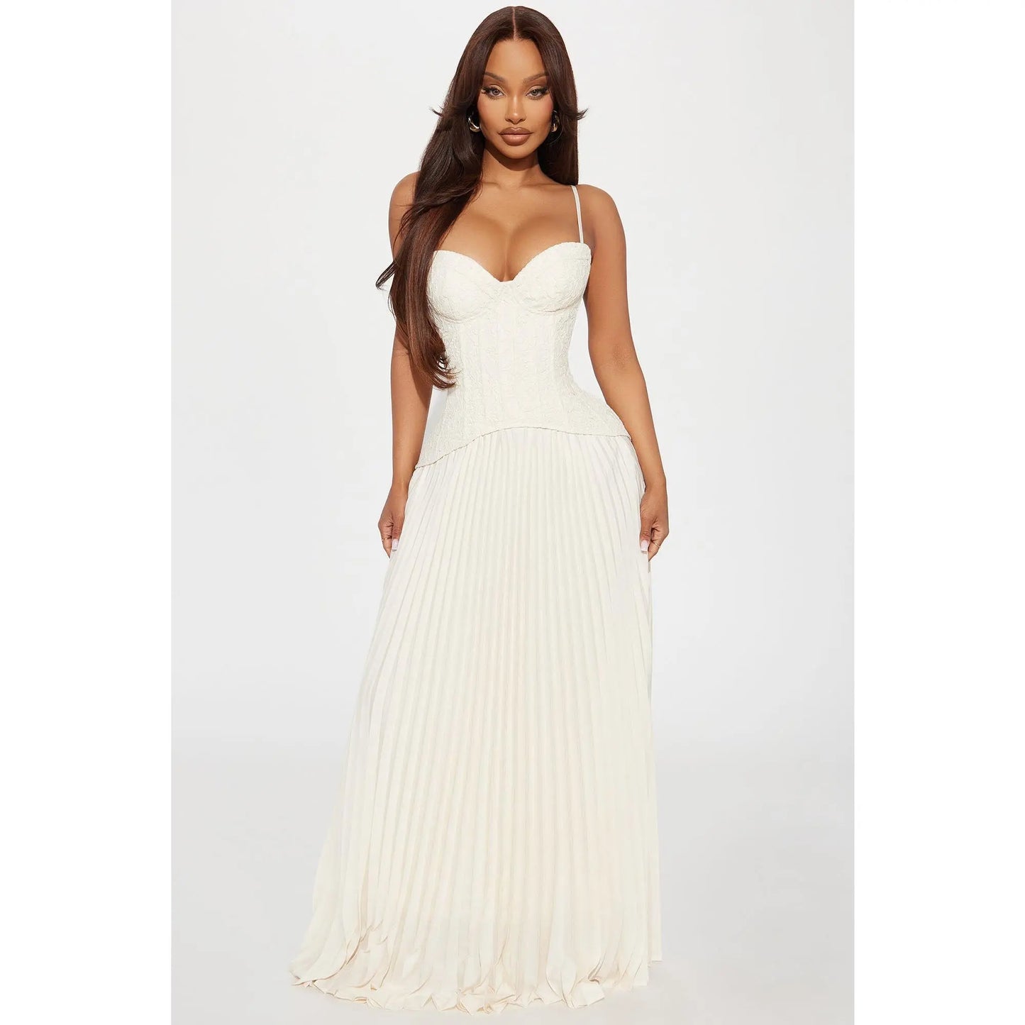 Daniella Lace Corset Pleated Maxi Dress in Cream