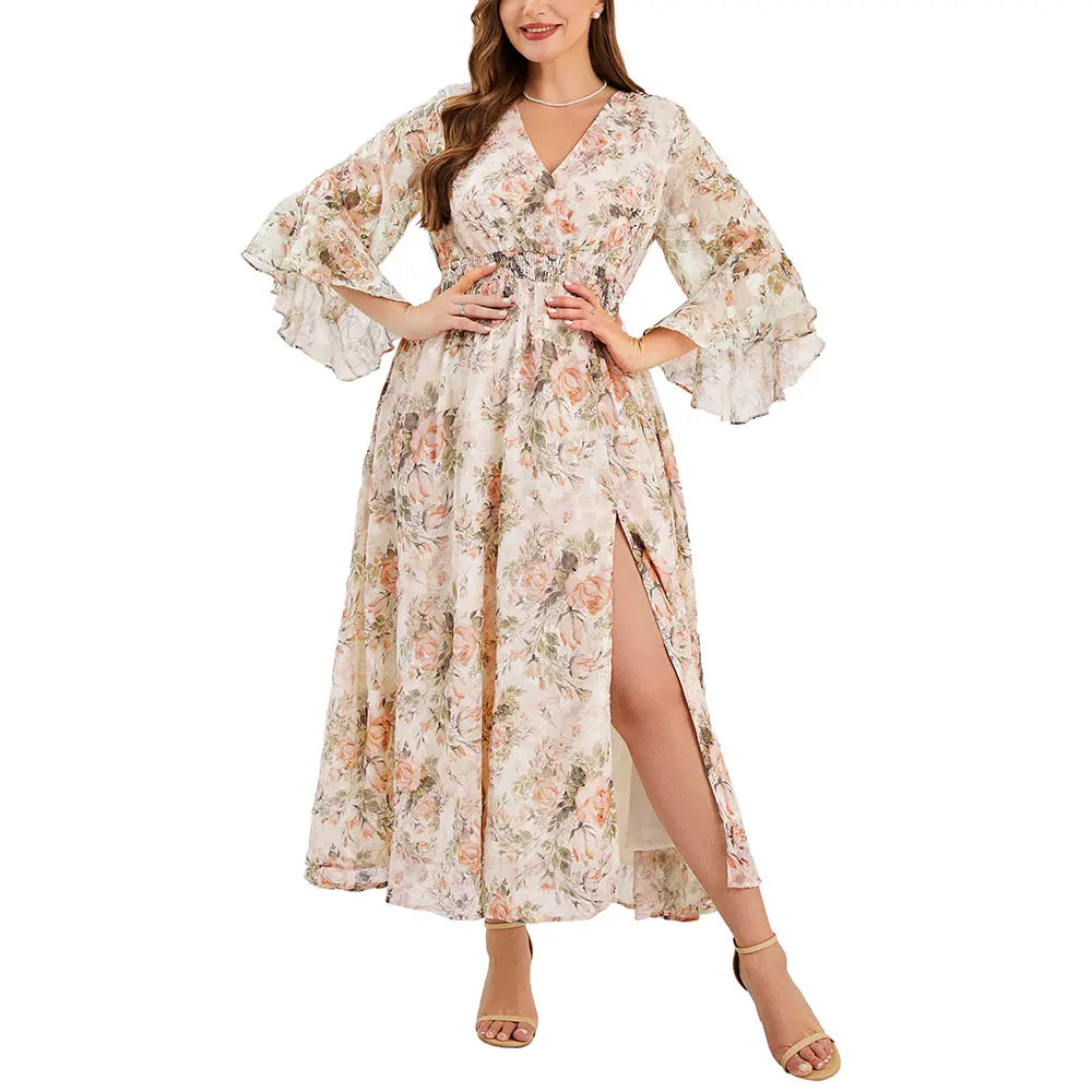 EYWOL Plus Size Elegant Floral Maxi Dress with V-Neck, Ruffle Bell Sleeves, and Side Split – Lightweight Chiffon Bohemian Outfit for Wedding Guests