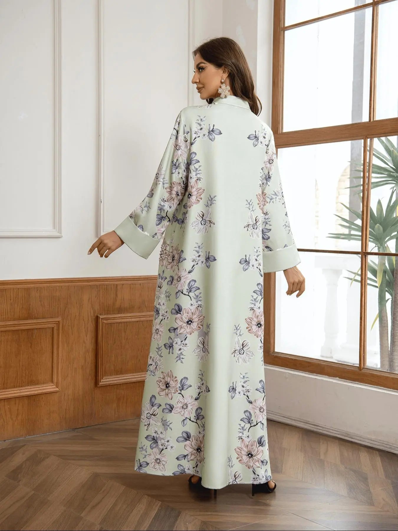 Women's Floral Print Long Sleeve Kaftan Dress - Elegant Casual Modest Style for Daily Outdoor Wear, Versatile Islamic Clothing for All Seasons