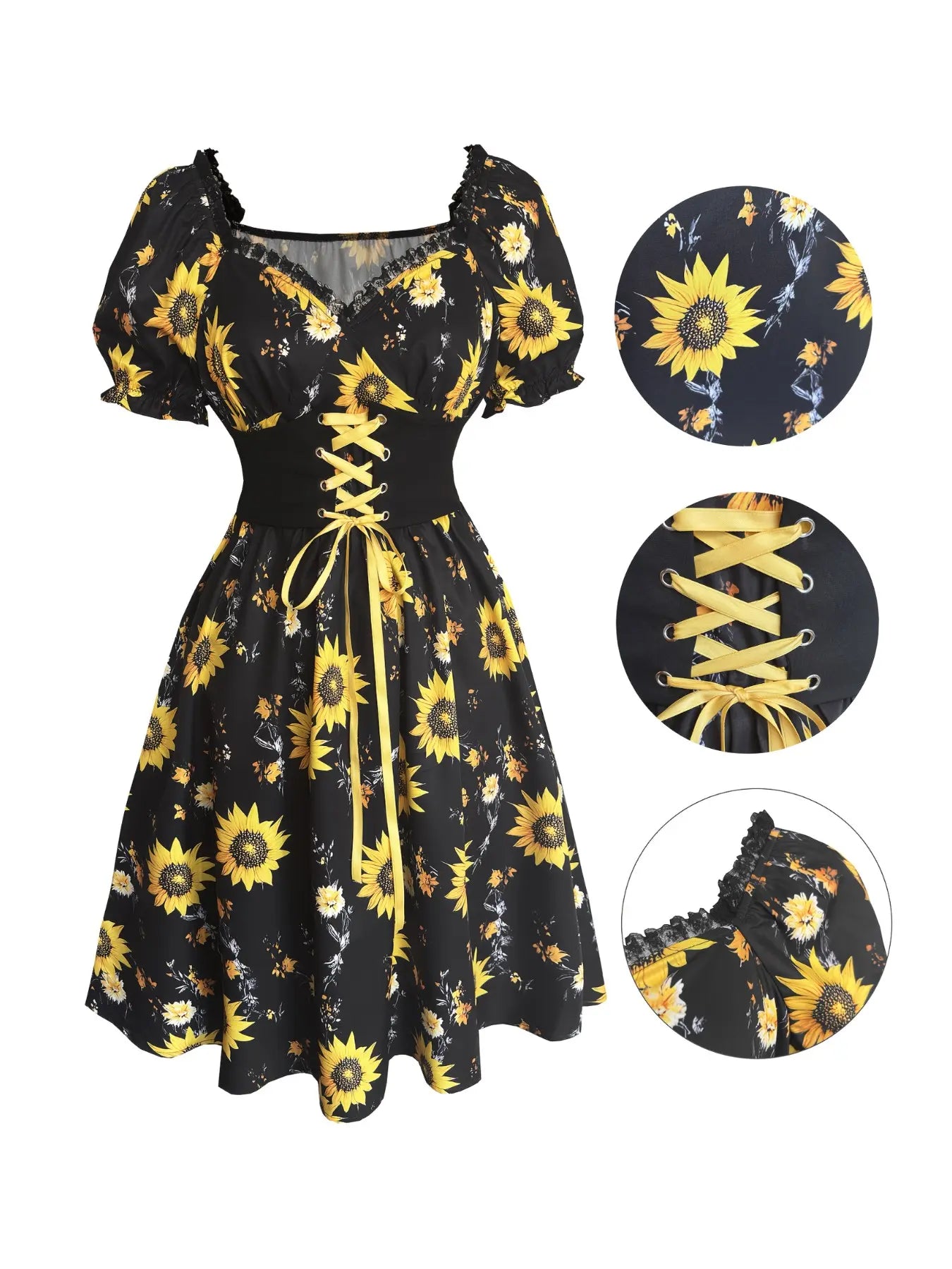 Elegant Vintage Boho Sunflower Print Dress with Bubble Sleeves and Waist Cinching for Summer Vacations and Casual Wear