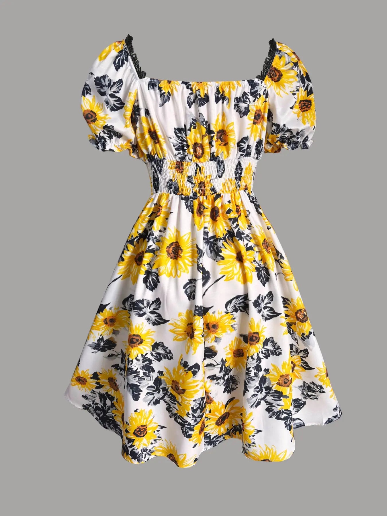 Elegant Vintage Boho Sunflower Print Dress with Bubble Sleeves and Waist Cinching for Summer Vacations and Casual Wear