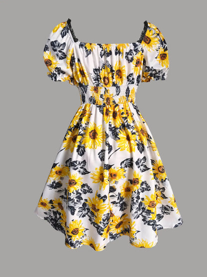 Elegant Vintage Boho Sunflower Print Dress with Bubble Sleeves and Waist Cinching for Summer Vacations and Casual Wear