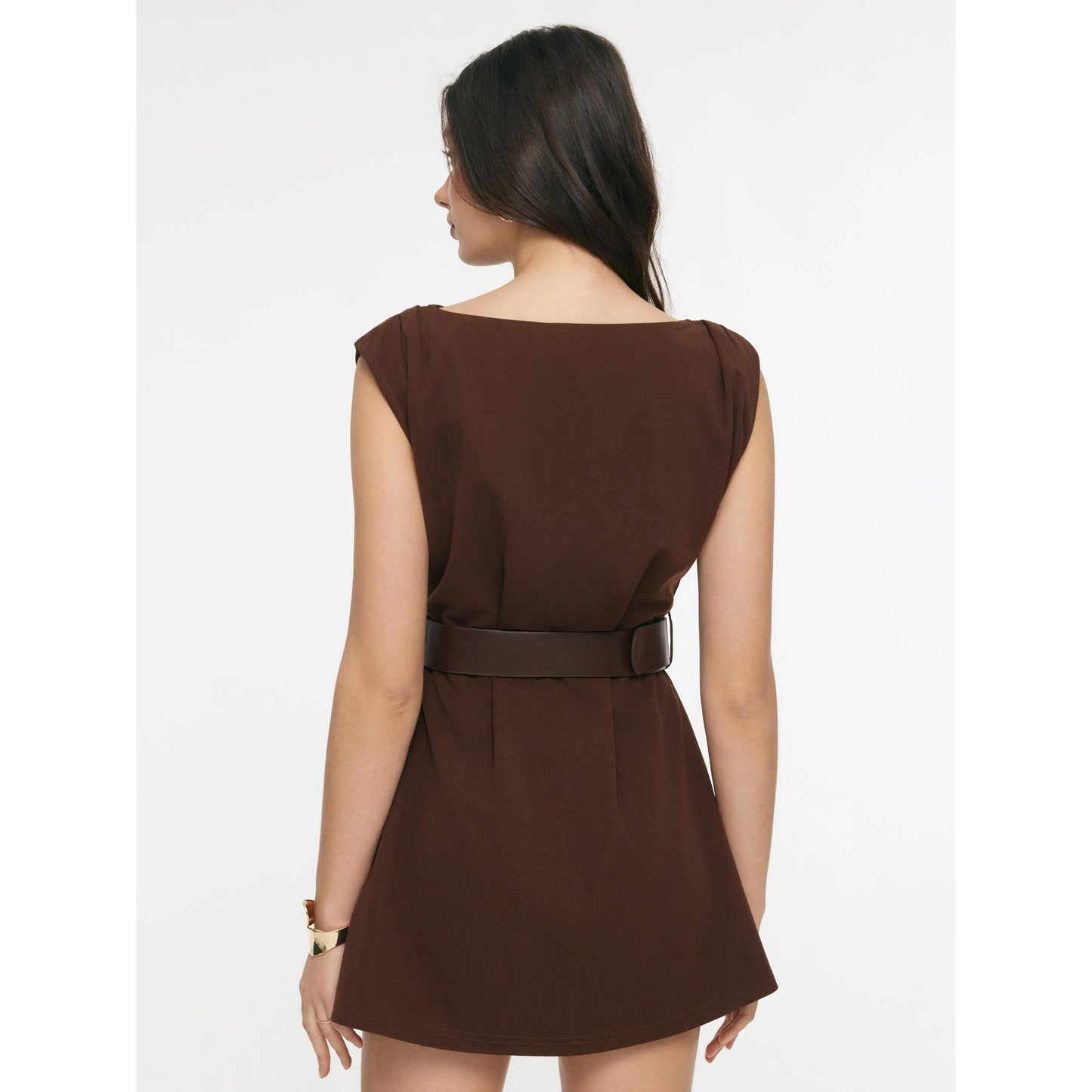 Cider Boat Neck Ruched A-Line Mini Dress with Belted Detail