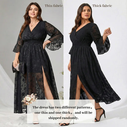 EYWOL Plus Size Elegant Floral Maxi Dress with V-Neck, Ruffle Bell Sleeves, and Side Split – Lightweight Chiffon Bohemian Outfit for Wedding Guests