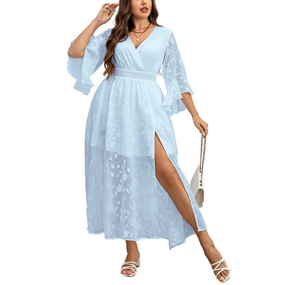 EYWOL Plus Size Elegant Floral Maxi Dress with V-Neck, Ruffle Bell Sleeves, and Side Split – Lightweight Chiffon Bohemian Outfit for Wedding Guests