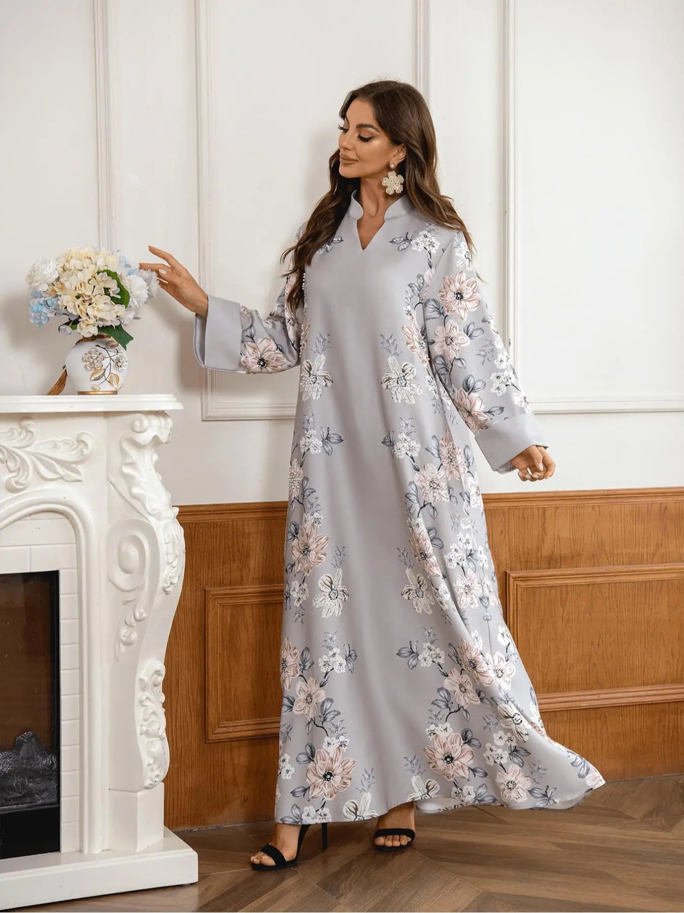 Women's Floral Print Long Sleeve Kaftan Dress - Elegant Casual Modest Style for Daily Outdoor Wear, Versatile Islamic Clothing for All Seasons