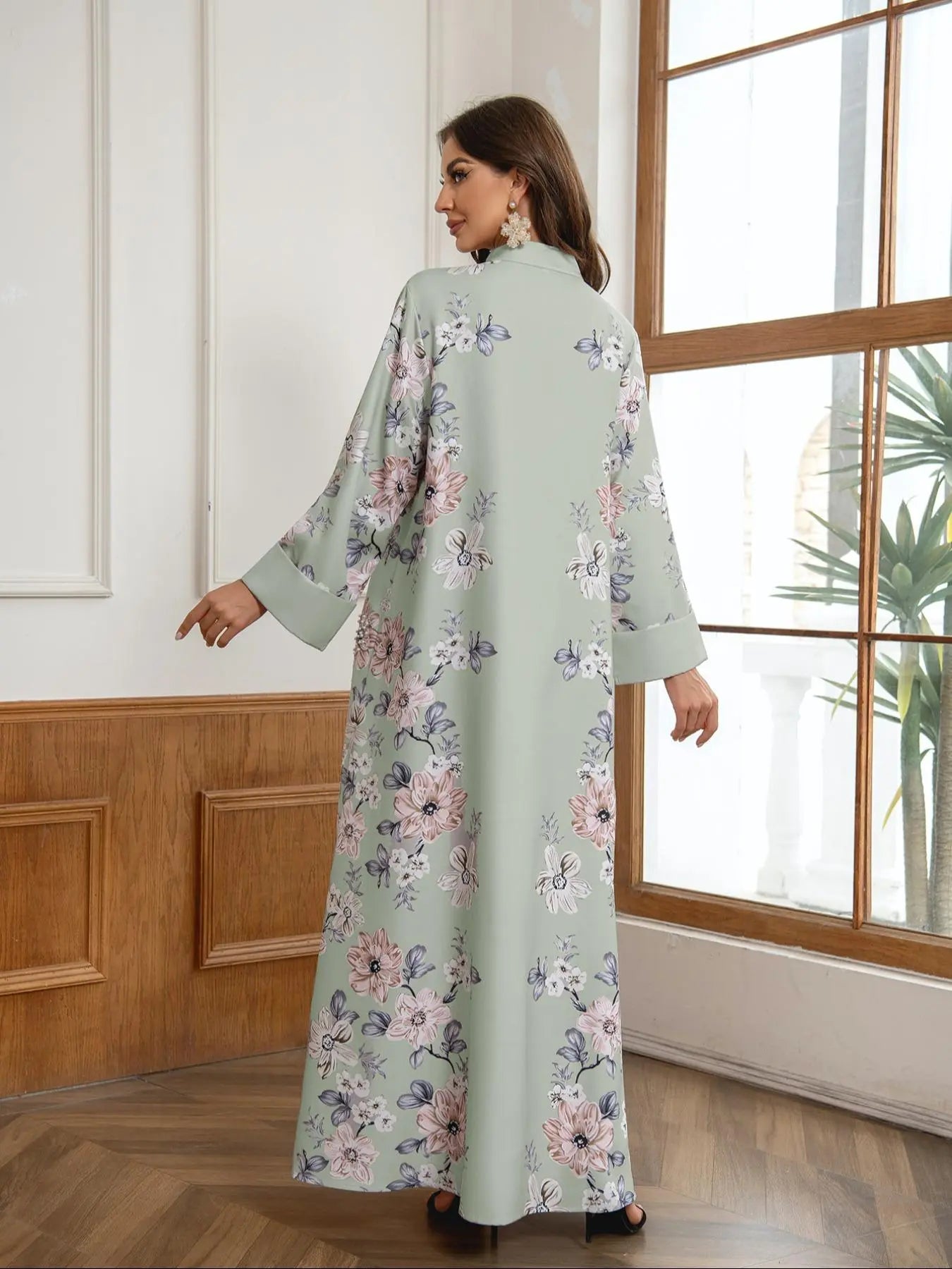 Women's Floral Print Long Sleeve Kaftan Dress - Elegant Casual Modest Style for Daily Outdoor Wear, Versatile Islamic Clothing for All Seasons