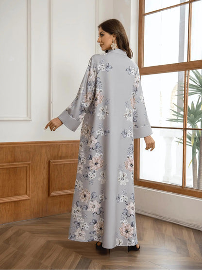 Women's Floral Print Long Sleeve Kaftan Dress - Elegant Casual Modest Style for Daily Outdoor Wear, Versatile Islamic Clothing for All Seasons