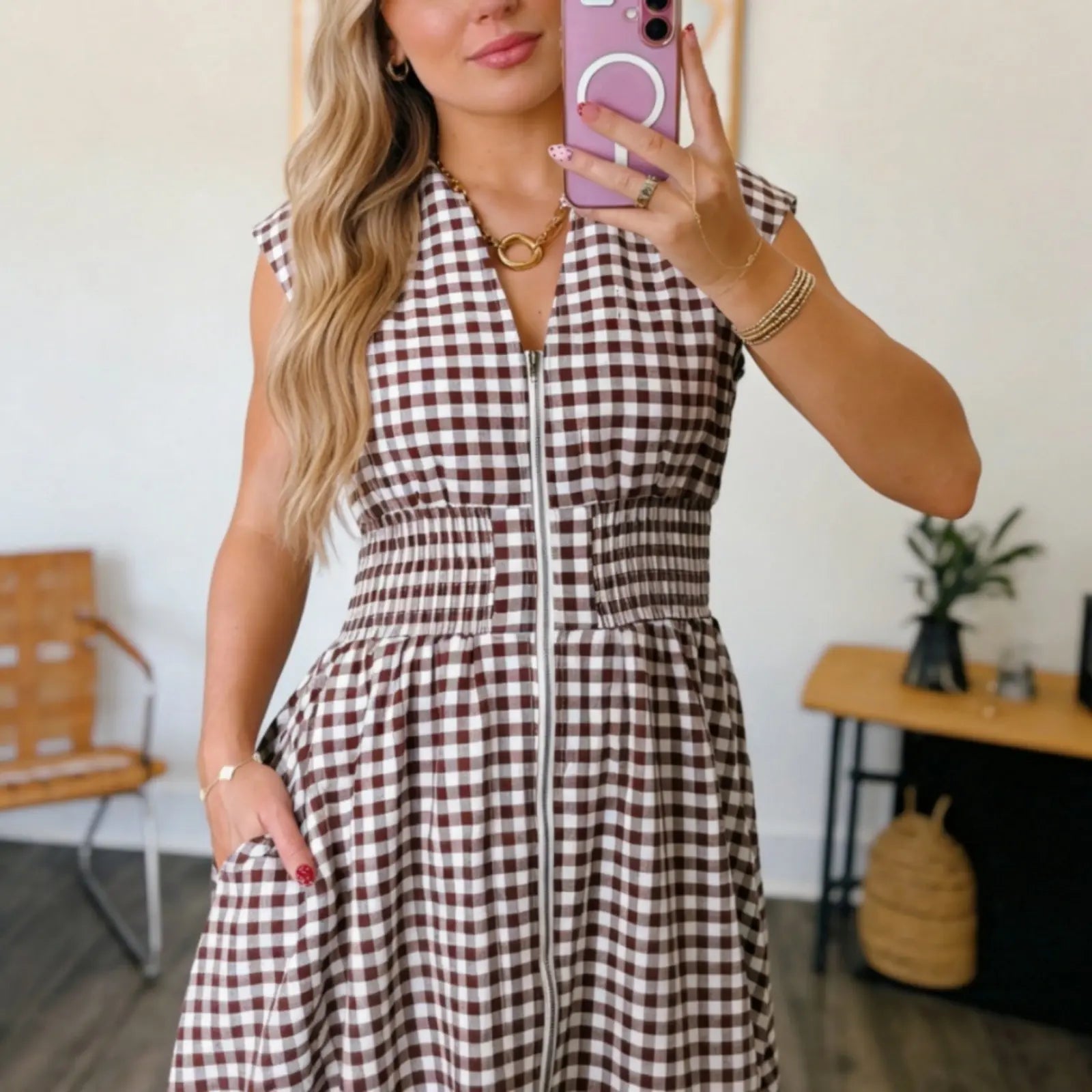 Asvivid Women's Plaid Print Sleeveless Maxi Dress with Full Zipper and Cinched Waist - Casual Summer Wear