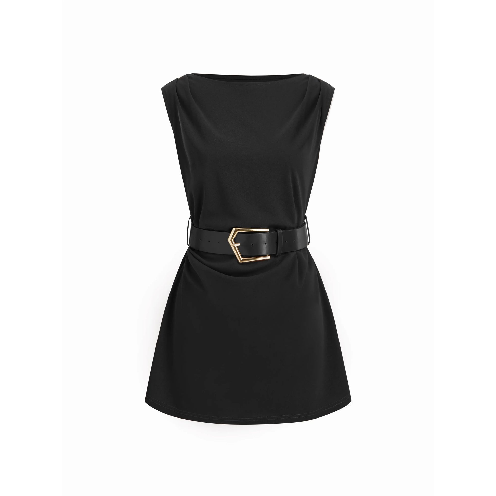 Cider Boat Neck Ruched A-Line Mini Dress with Belted Detail
