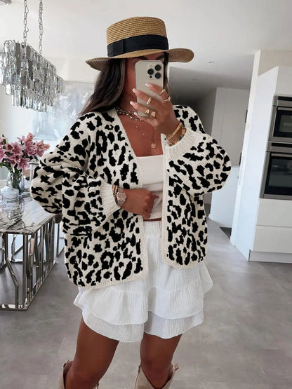 Women'S Colorblock Leopard Drop Shoulder Cardigan, Casual Long Sleeve Open Front Knitwear for Fall & Winter, Fashion Women'S Knit Clothing for Daily Wear, Knitted Cardigan Tops