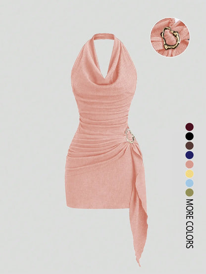 Women's Solid Color Halter Dress - Elegant Backless Design for Casual Office Wear and Daily Use, Stylish and Comfortable