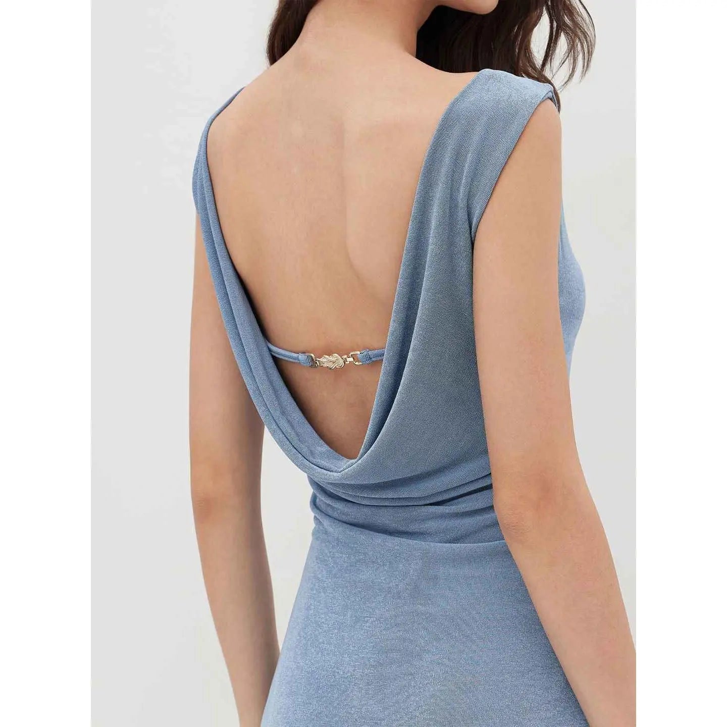 Cider Boat Neck Backless Mini Dress with Chain Detail and Ruched Design
