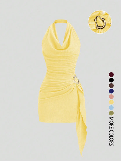 Women's Solid Color Halter Dress - Elegant Backless Design for Casual Office Wear and Daily Use, Stylish and Comfortable