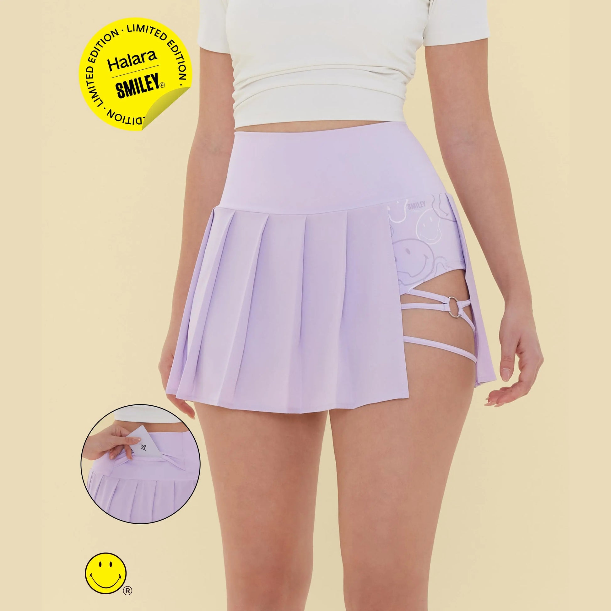 Halara X Smiley® Breezeful™ High-Waisted Pleated 2-In-1 Asymmetric Hem Quick-Dry Mini Sports Dance Skirt with Pockets