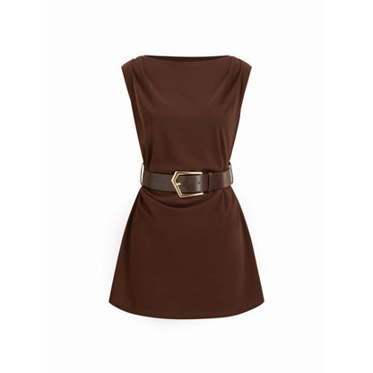 Cider Boat Neck Ruched A-Line Mini Dress with Belted Detail